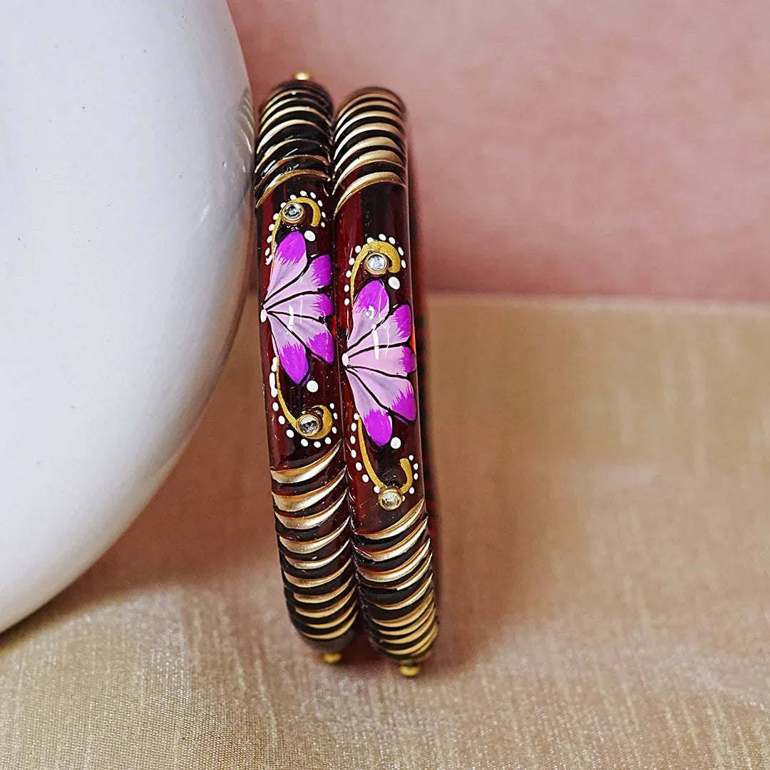 Handcrafted Lotus Printed Pattern Glass Kada for Women (Pack of 2) - The Golden Cascade